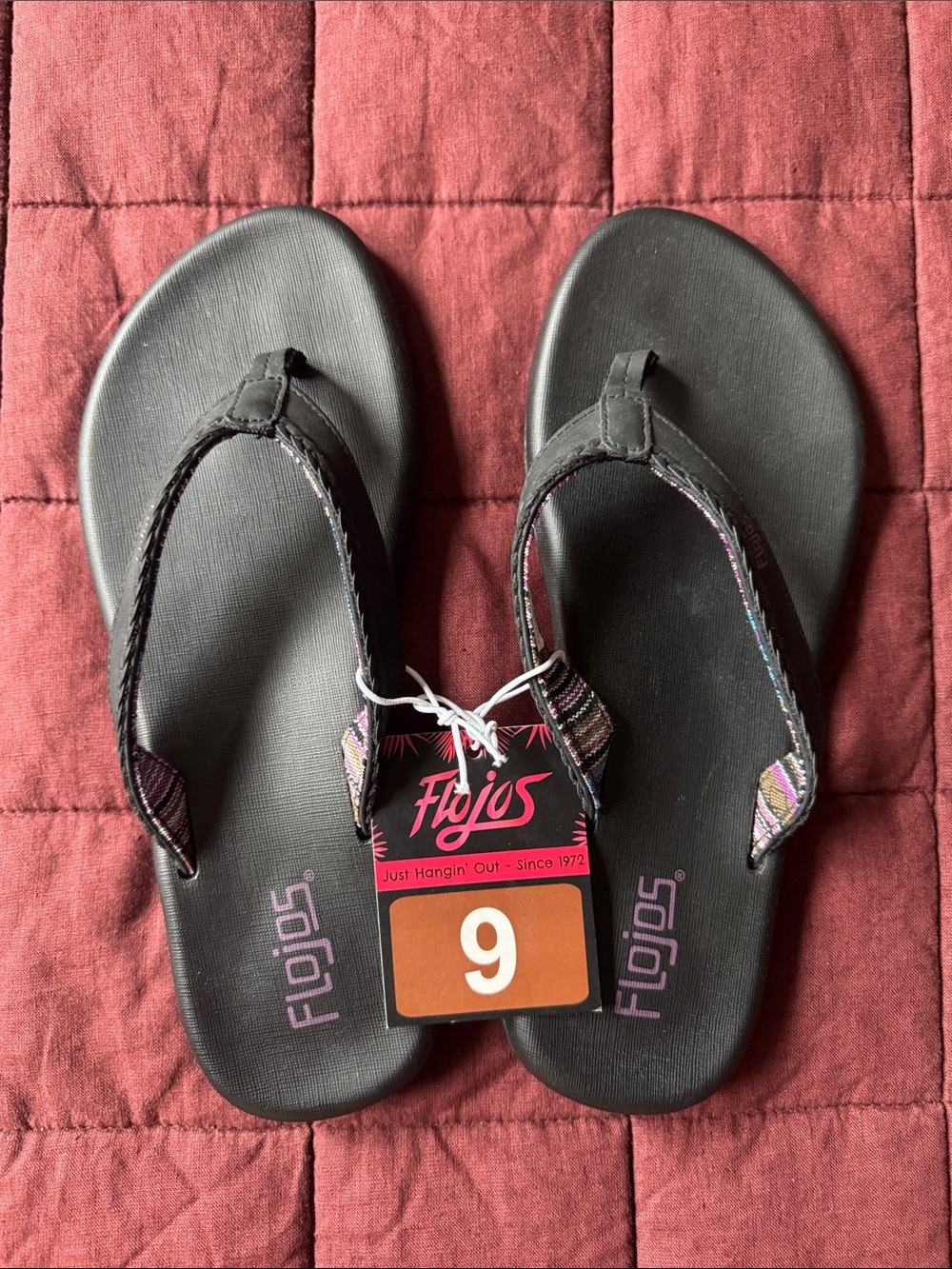 Flojos Black Sandals with Multicolor Woven Strap Accents